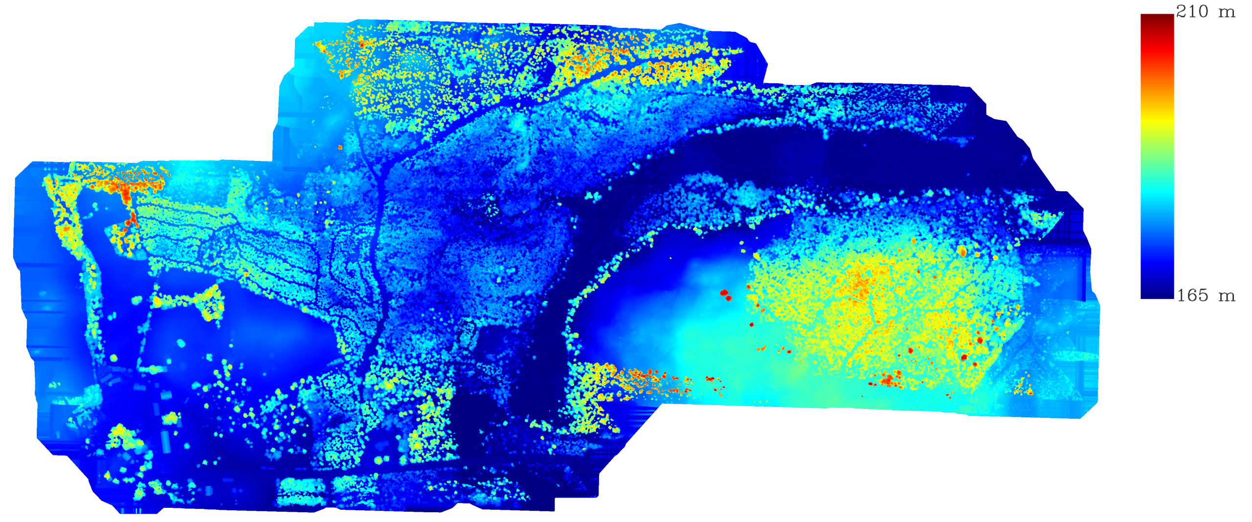Digital ytmodell (DSM) från LiDAR-skanning Digital ytmodell (DSM) framtagen med LiDAR som visar höjdskillnader i terräng, vegetation och objekt.