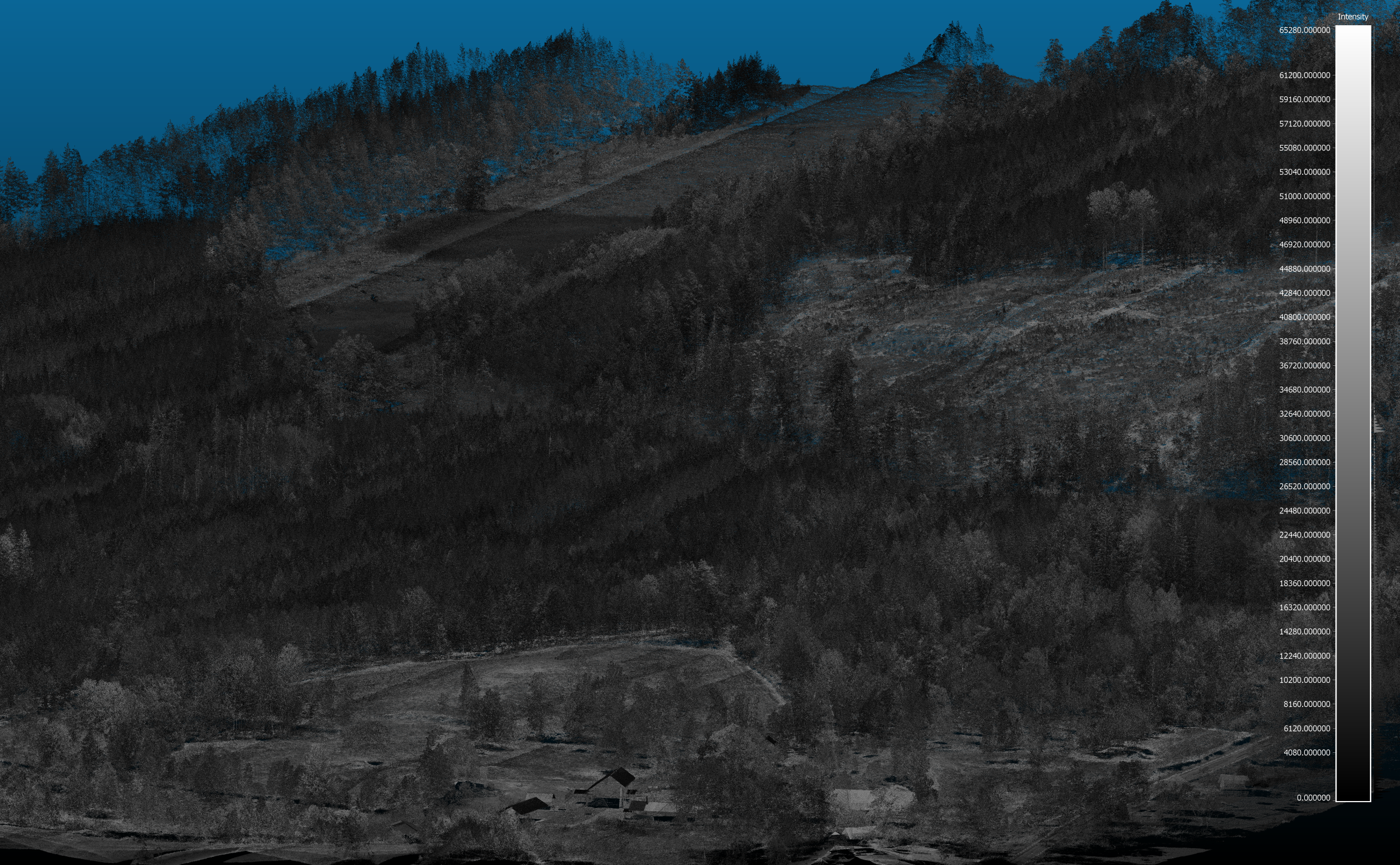 LiDAR-intensitetsbild LiDAR-intensitetsbild som visar mark, vegetation och objekt baserat på reflektionsvärden.